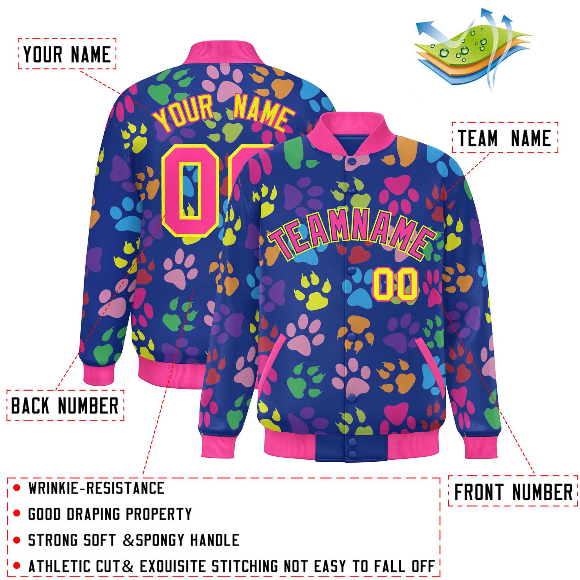 Custom Royal Pink-Yellow Varsity Pets Paw Prints Graffiti Pattern Letterman Baseball Jacket