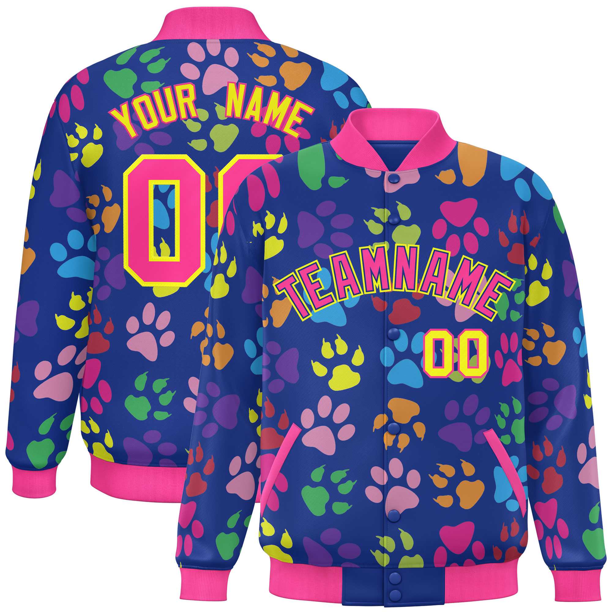 Custom Royal Pink-Yellow Varsity Pets Paw Prints Graffiti Pattern Letterman Baseball Jacket