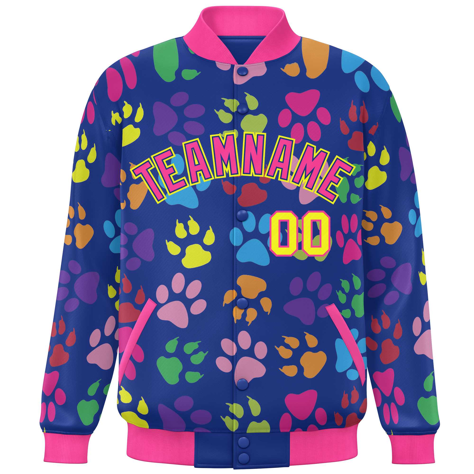 Custom Royal Pink-Yellow Varsity Pets Paw Prints Graffiti Pattern Letterman Baseball Jacket