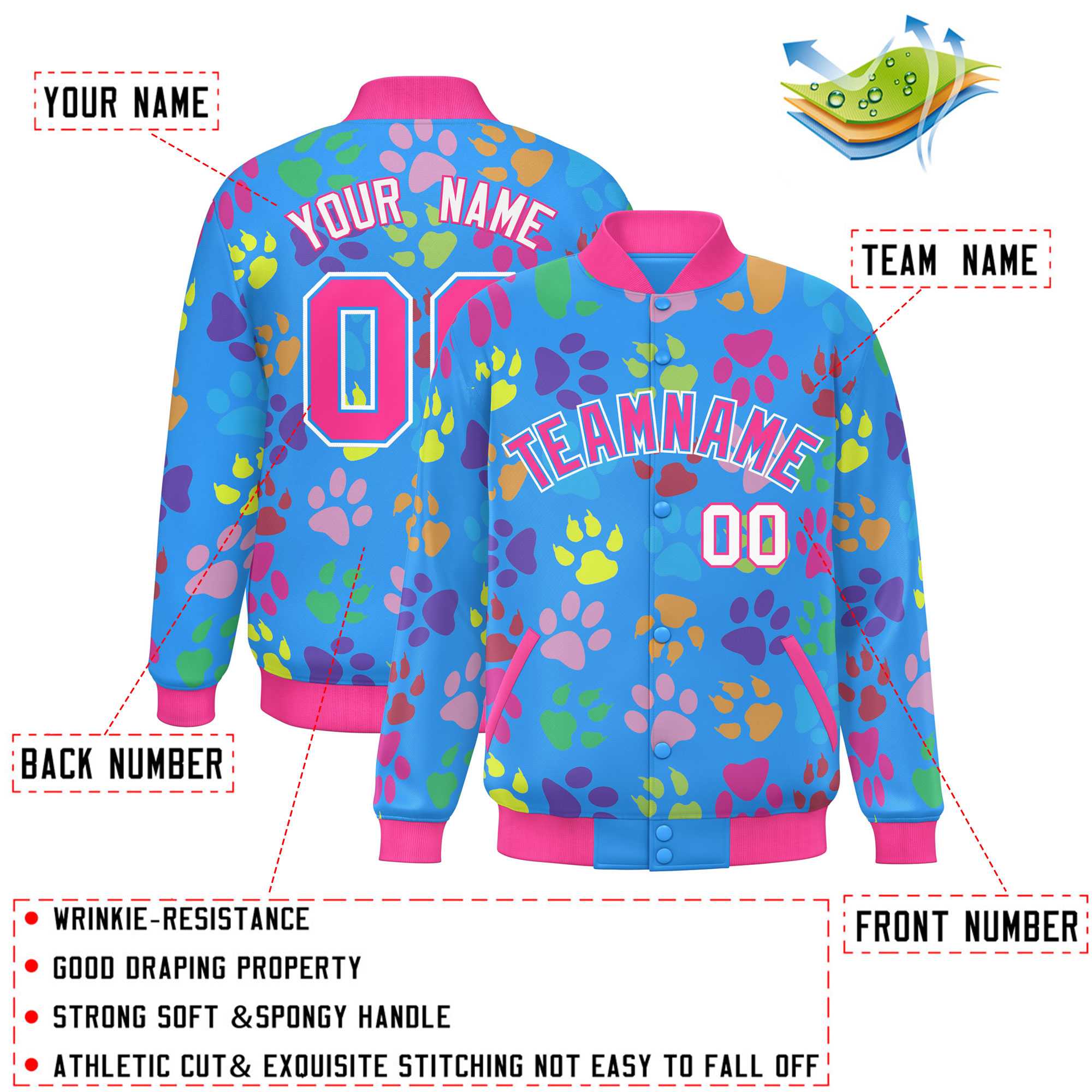 Custom Powder Blue Pink-White Varsity Pets Paw Prints Graffiti Pattern Letterman Baseball Jacket