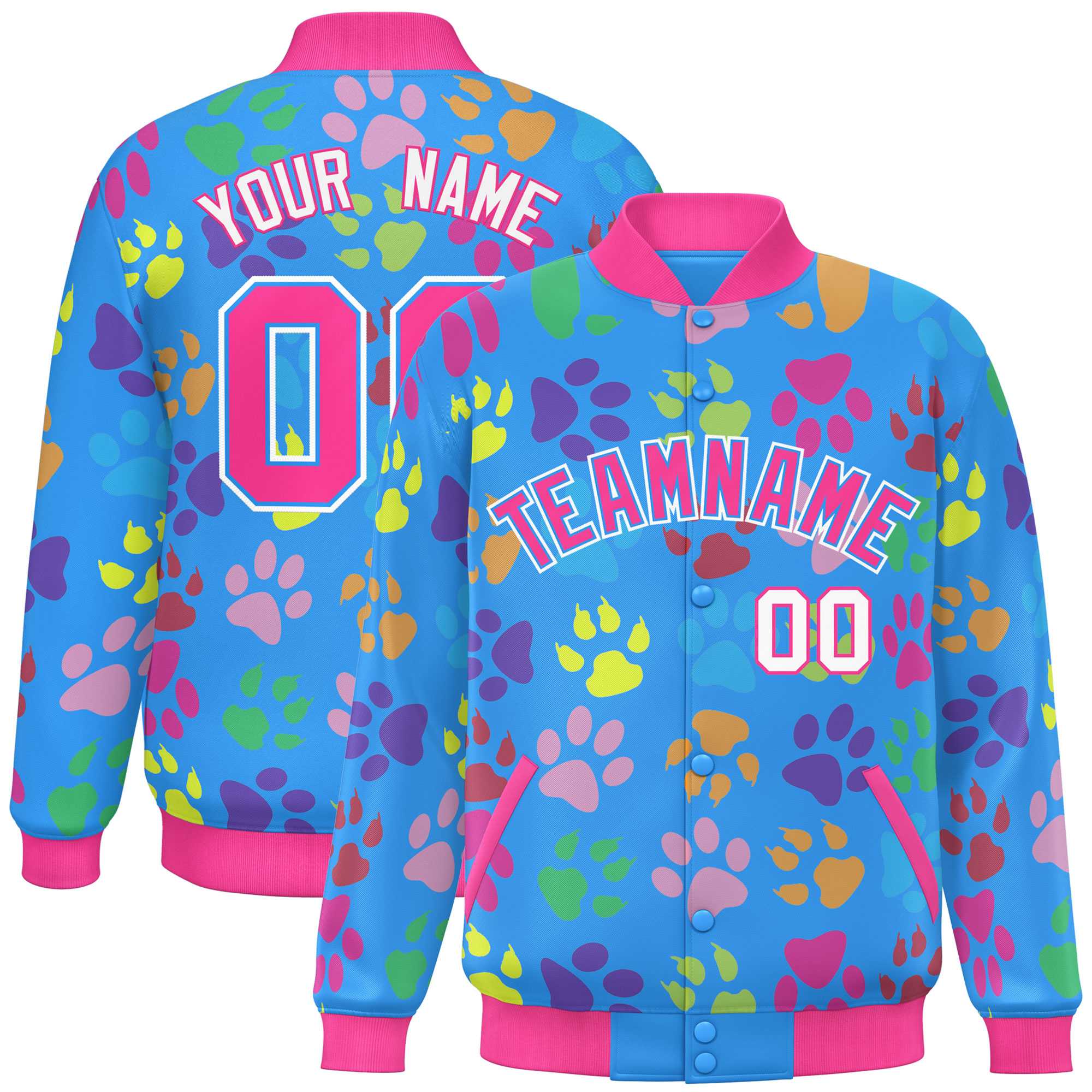 Custom Powder Blue Pink-White Varsity Pets Paw Prints Graffiti Pattern Letterman Baseball Jacket