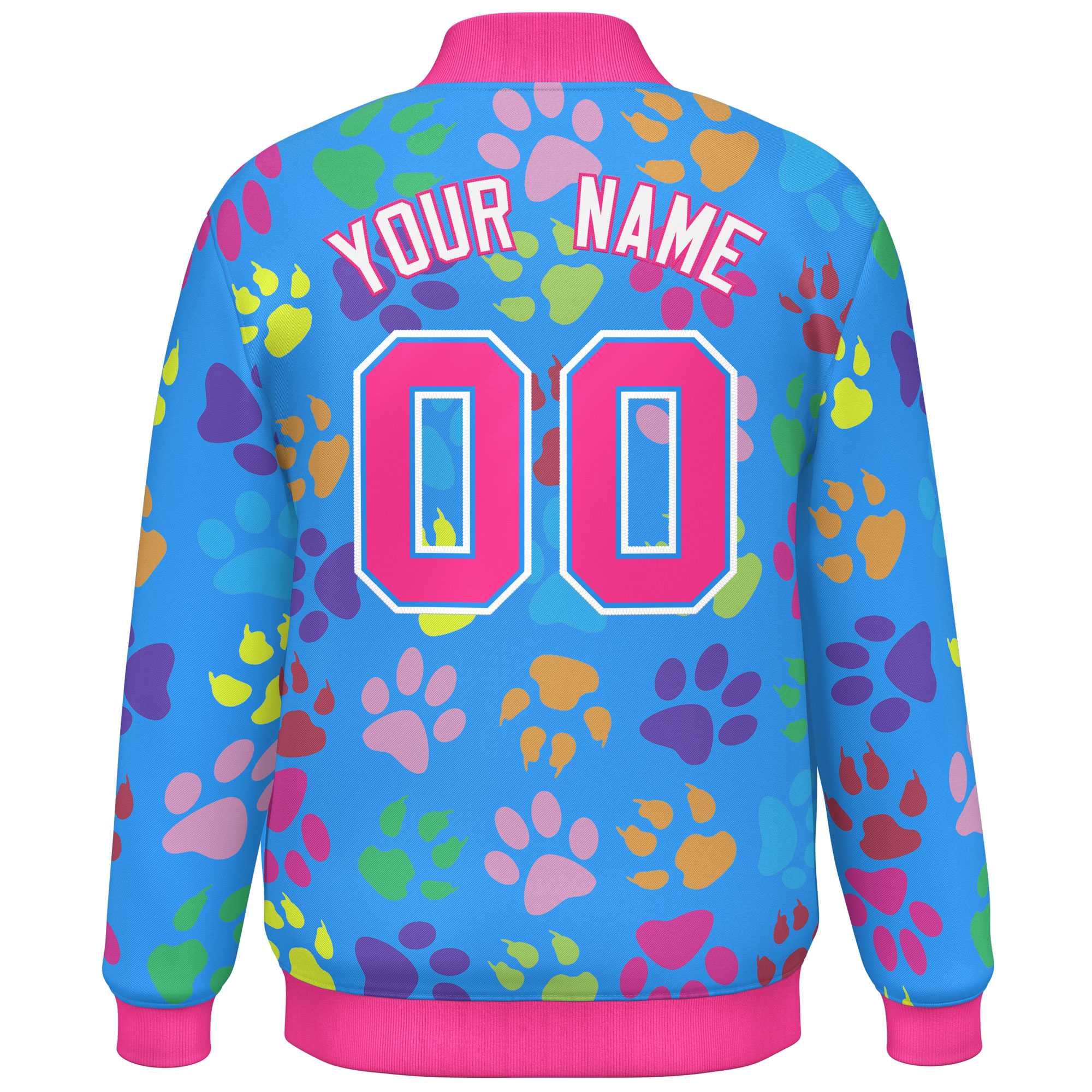 Custom Powder Blue Pink-White Varsity Pets Paw Prints Graffiti Pattern Letterman Baseball Jacket