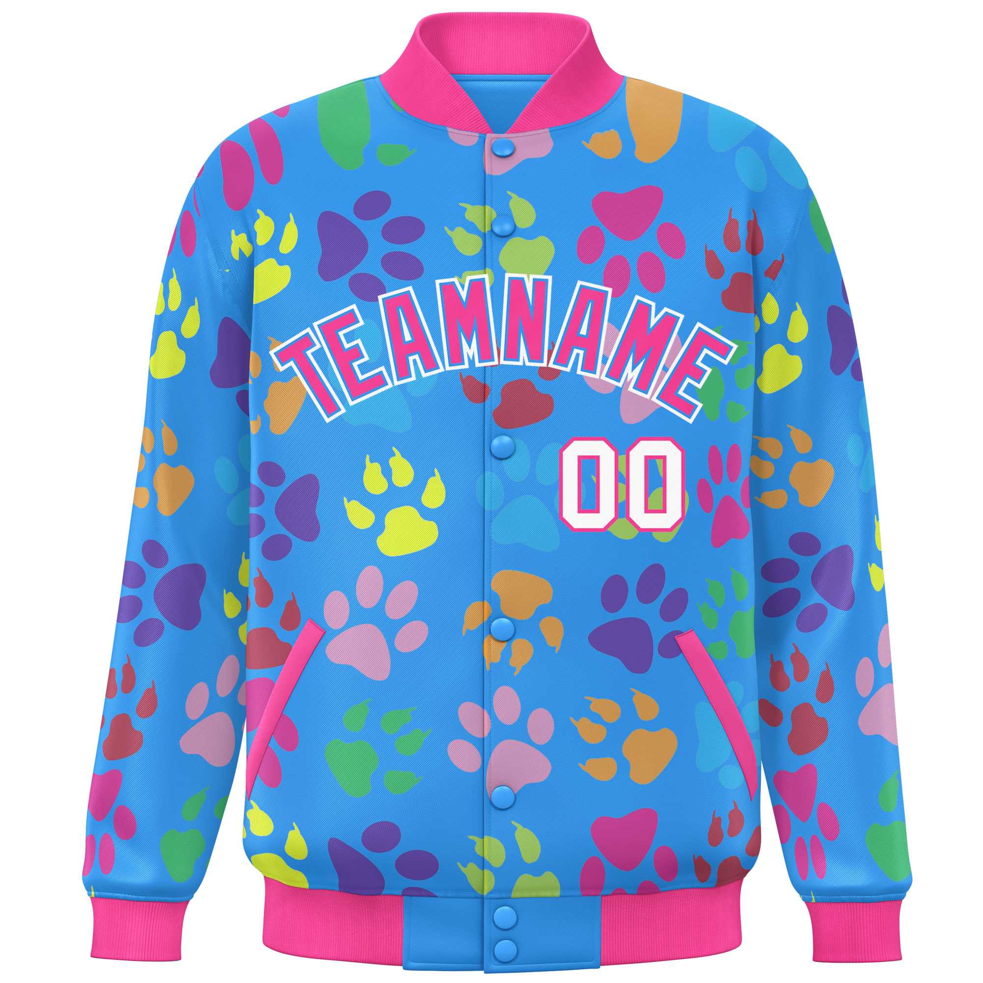 Custom Powder Blue Pink-White Varsity Pets Paw Prints Graffiti Pattern Letterman Baseball Jacket