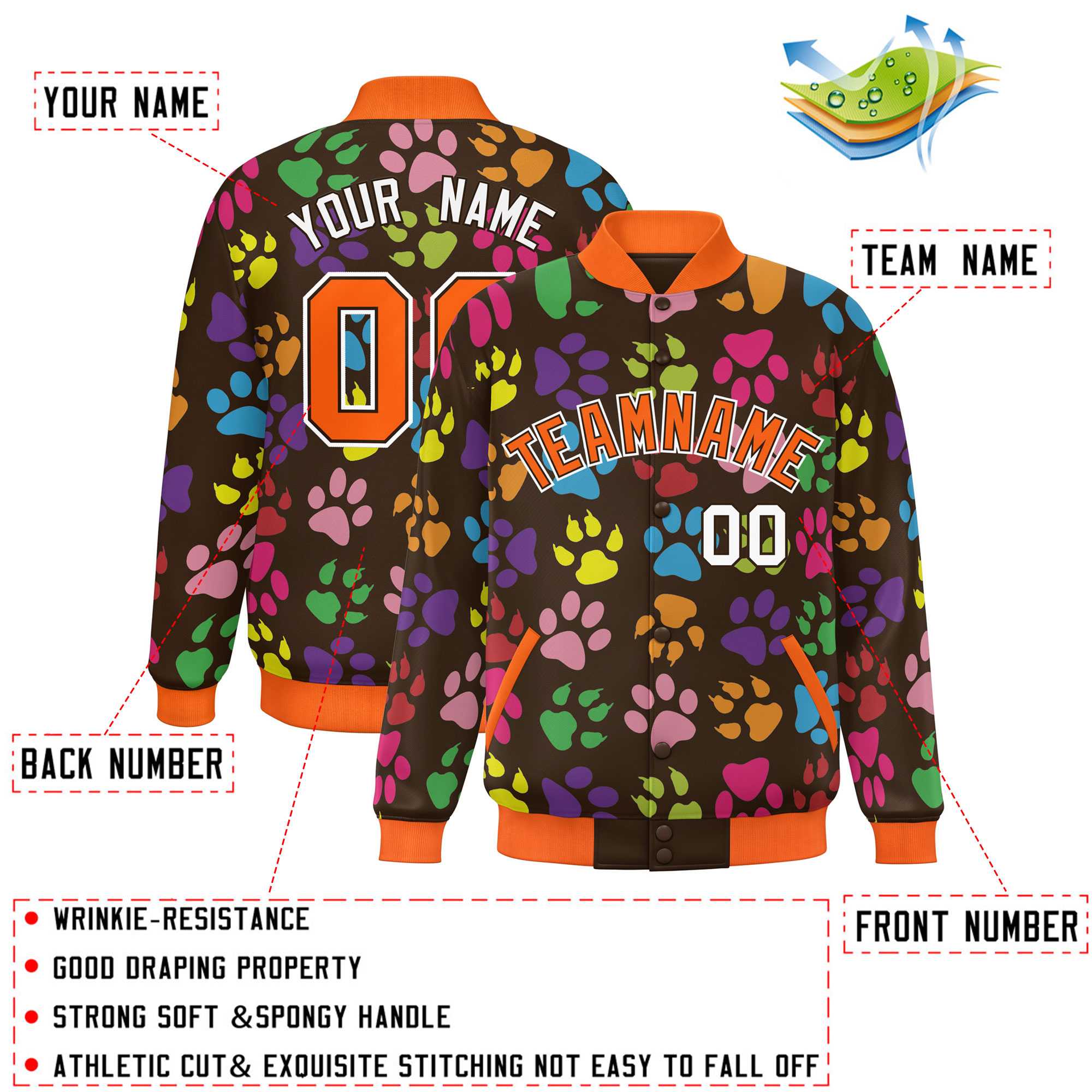 Custom Brown Orange-White Varsity Pets Paw Prints Graffiti Pattern Letterman Baseball Jacket