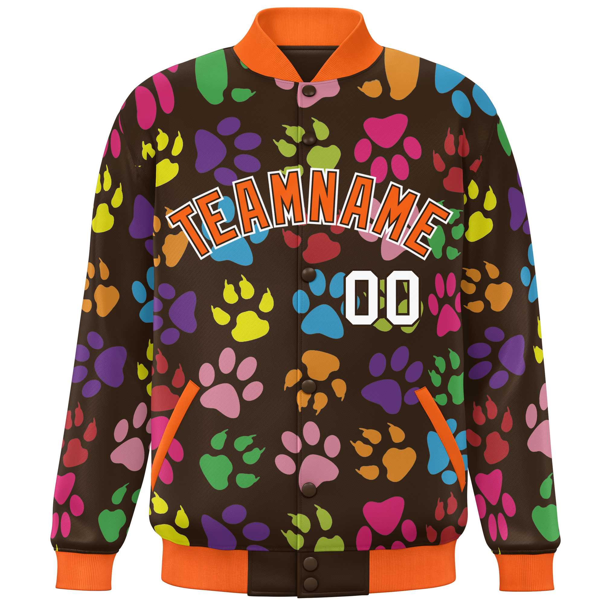 Custom Brown Orange-White Varsity Pets Paw Prints Graffiti Pattern Letterman Baseball Jacket