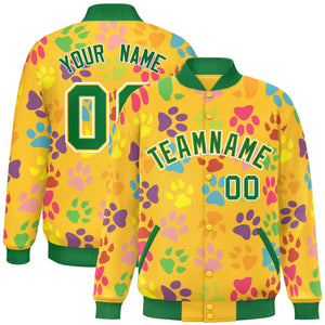 Custom Gold Kelly Green-White Varsity Pets Paw Prints Graffiti Pattern Letterman Baseball Jacket