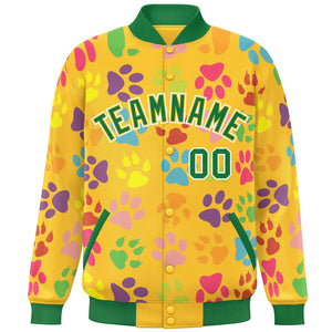 Custom Gold Kelly Green-White Varsity Pets Paw Prints Graffiti Pattern Letterman Baseball Jacket