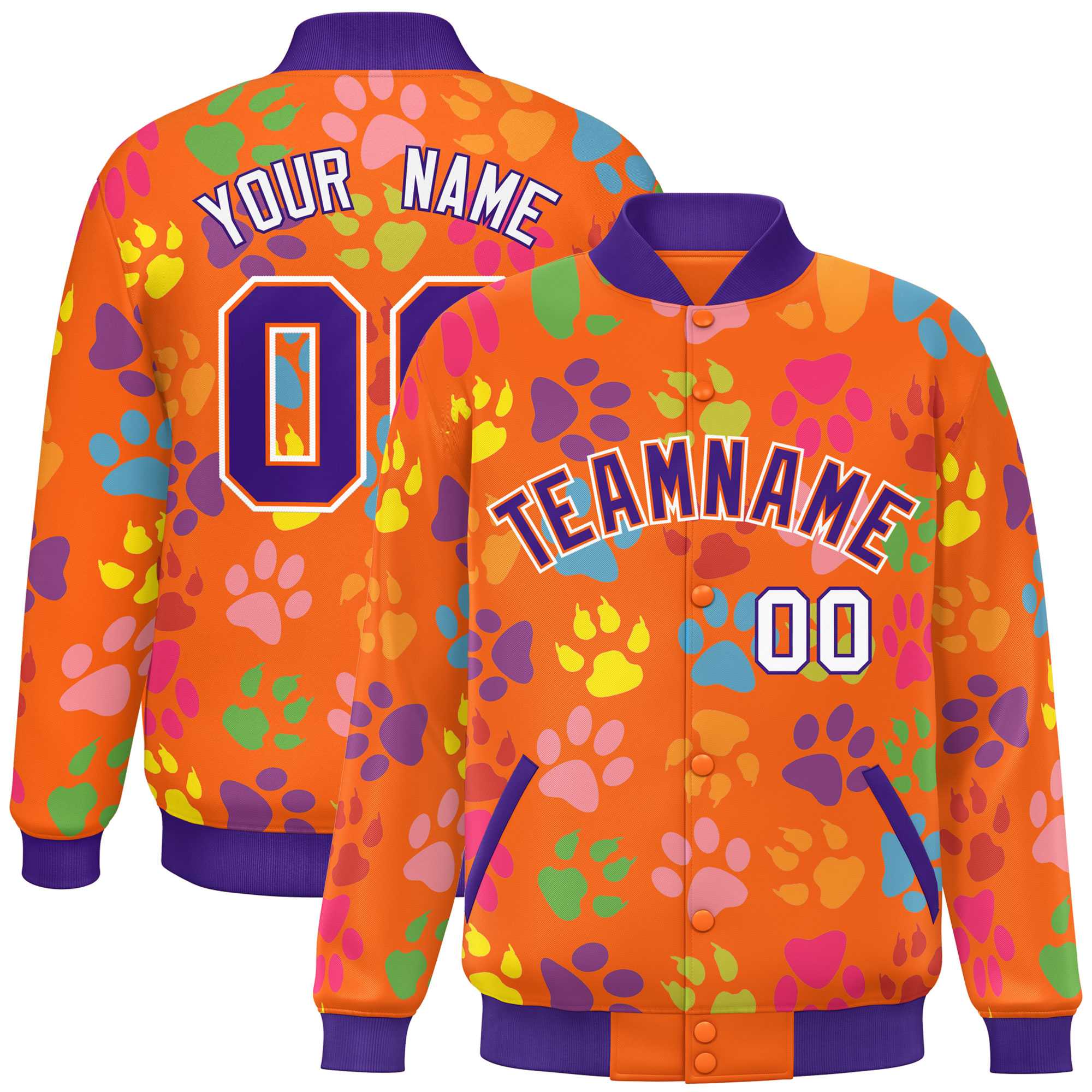 Custom Orange Purple-White Varsity Pets Paw Prints Graffiti Pattern Letterman Baseball Jacket