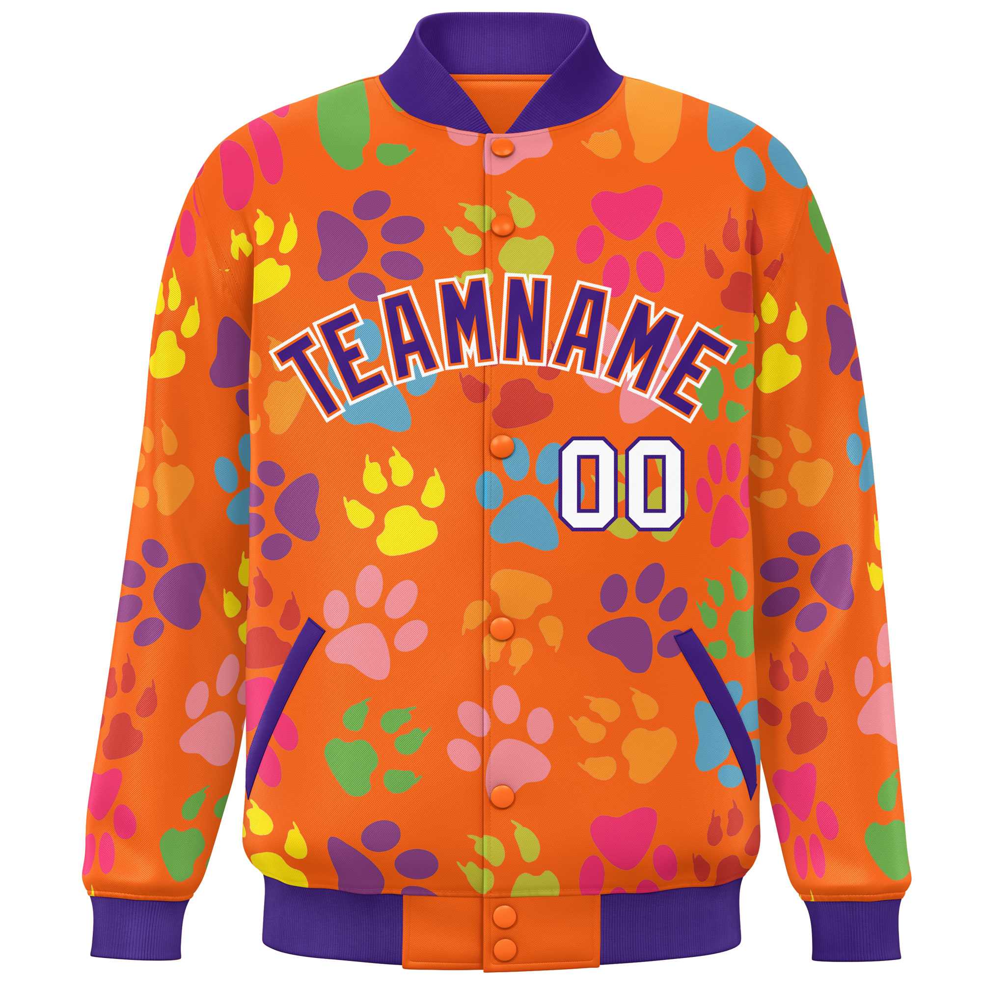 Custom Orange Purple-White Varsity Pets Paw Prints Graffiti Pattern Letterman Baseball Jacket