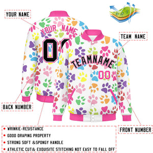 Custom White Black-Pink Varsity Pets Paw Prints Graffiti Pattern Letterman Baseball Jacket