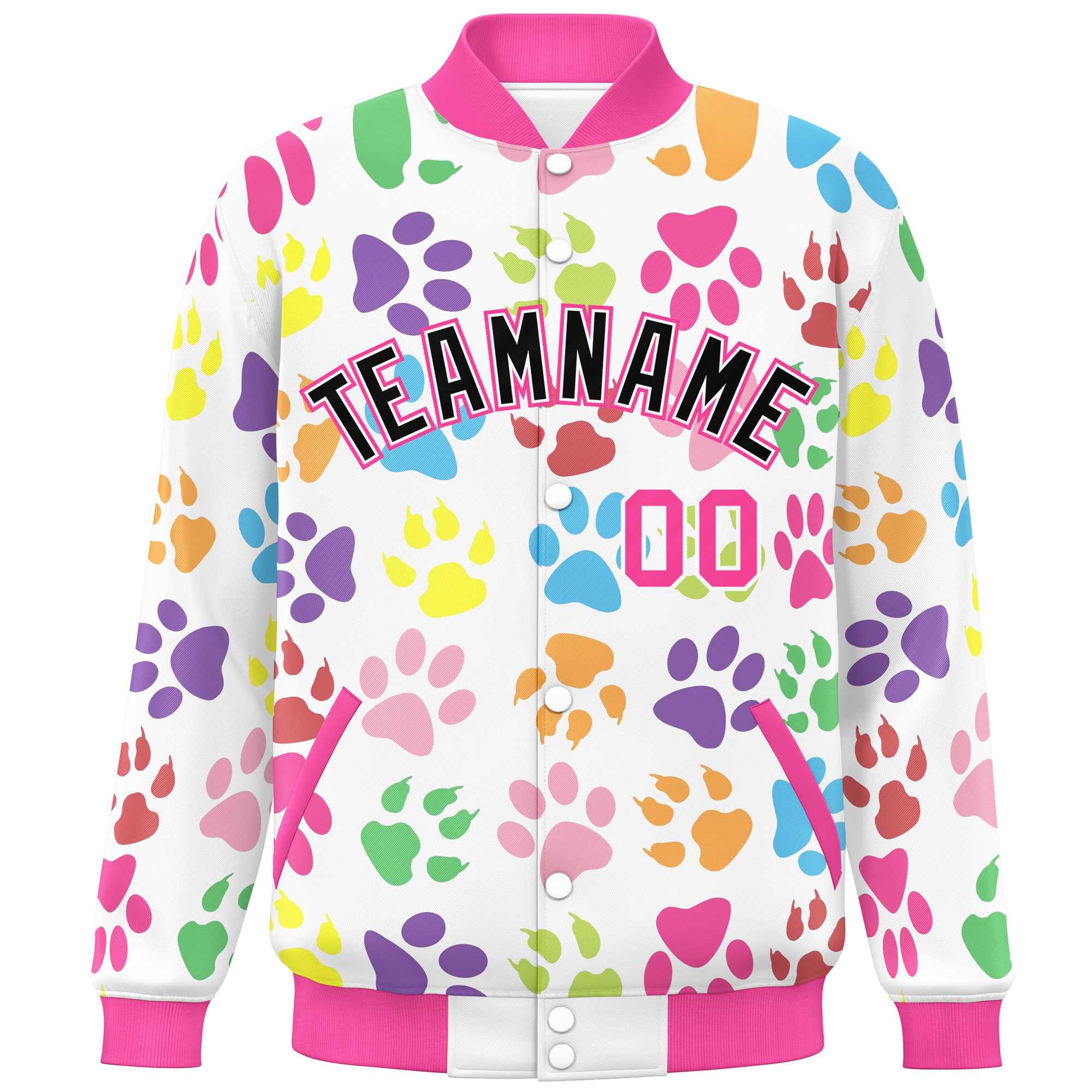 Custom White Black-Pink Varsity Pets Paw Prints Graffiti Pattern Letterman Baseball Jacket