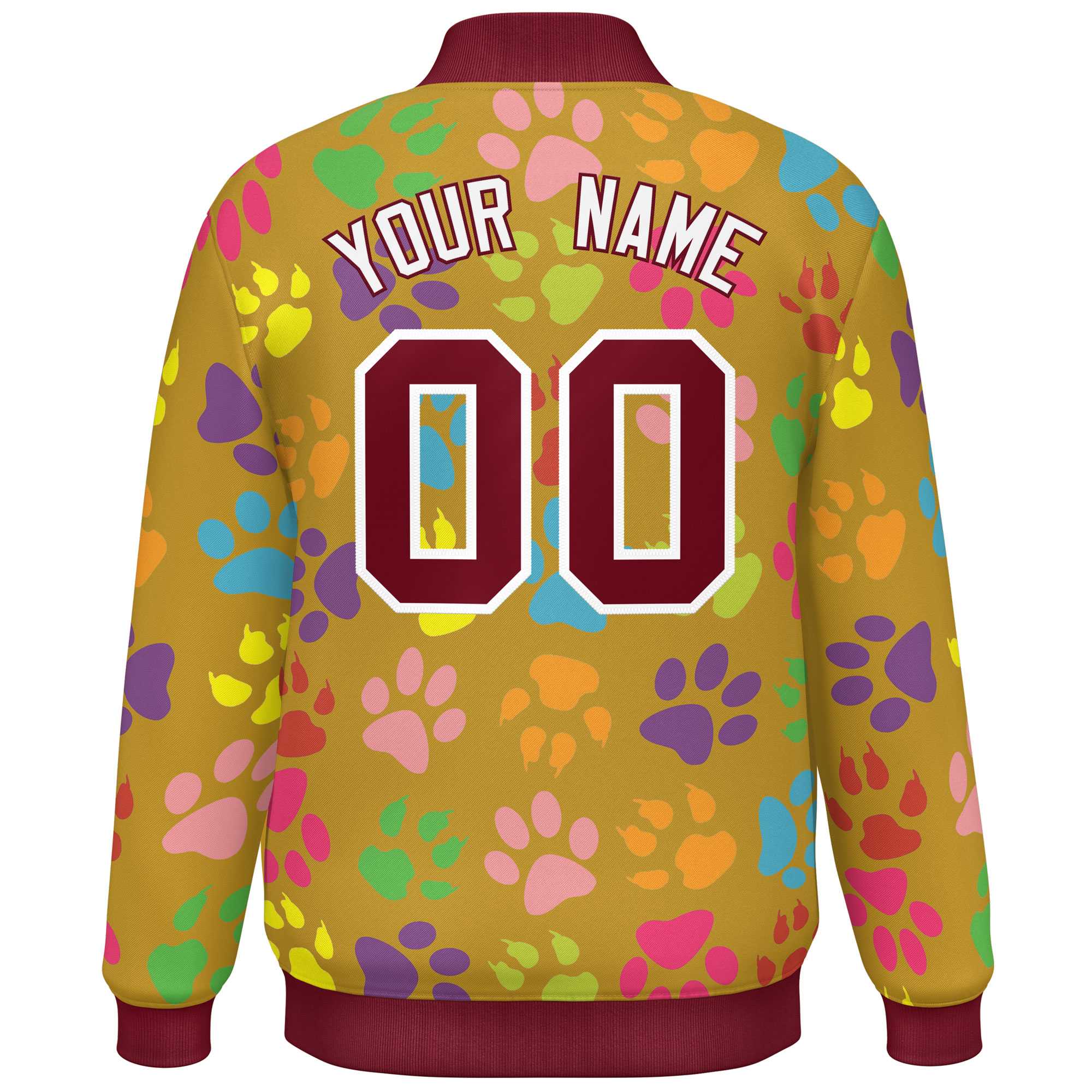 Custom Old Gold Crimson-White Varsity Pets Paw Prints Graffiti Pattern Letterman Baseball Jacket