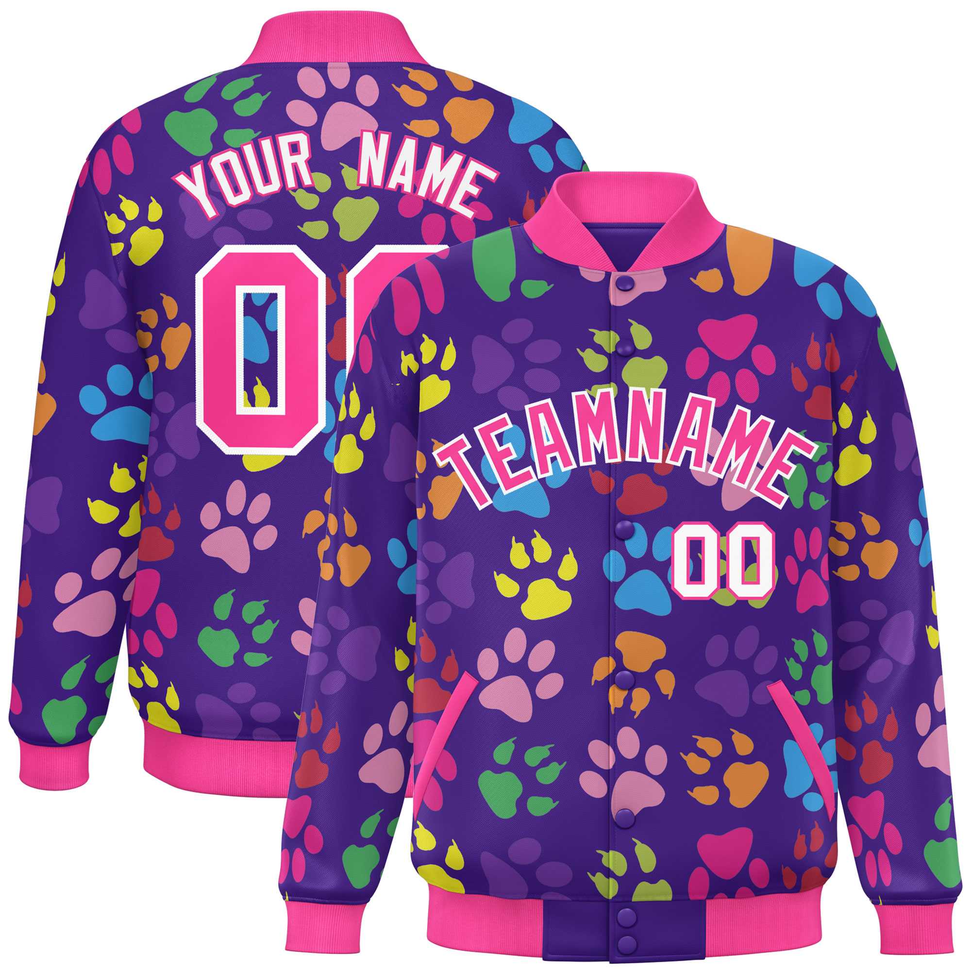 Custom Purple Pink-White Varsity Pets Paw Prints Graffiti Pattern Letterman Baseball Jacket