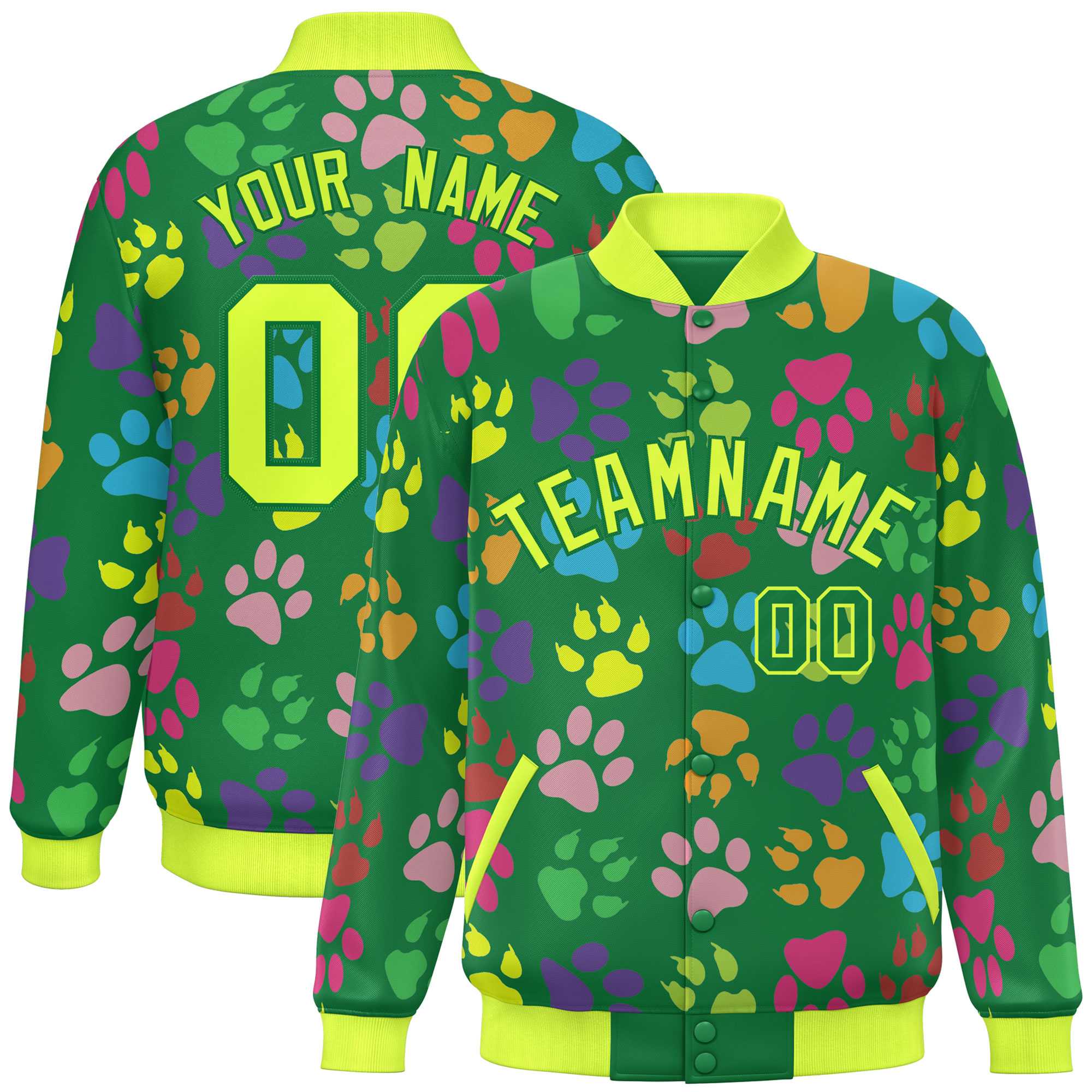 Custom Kelly Green Neon Green Varsity Pets Paw Prints Graffiti Pattern Letterman Baseball Jacket