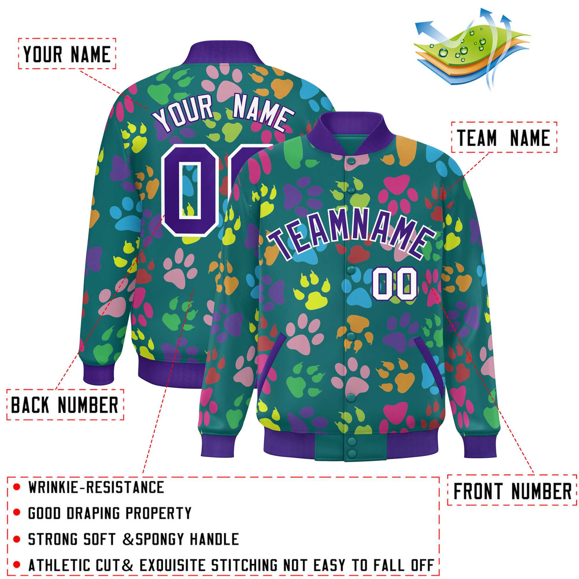 Custom Aqua Purple-White Varsity Pets Paw Prints Graffiti Pattern Letterman Baseball Jacket