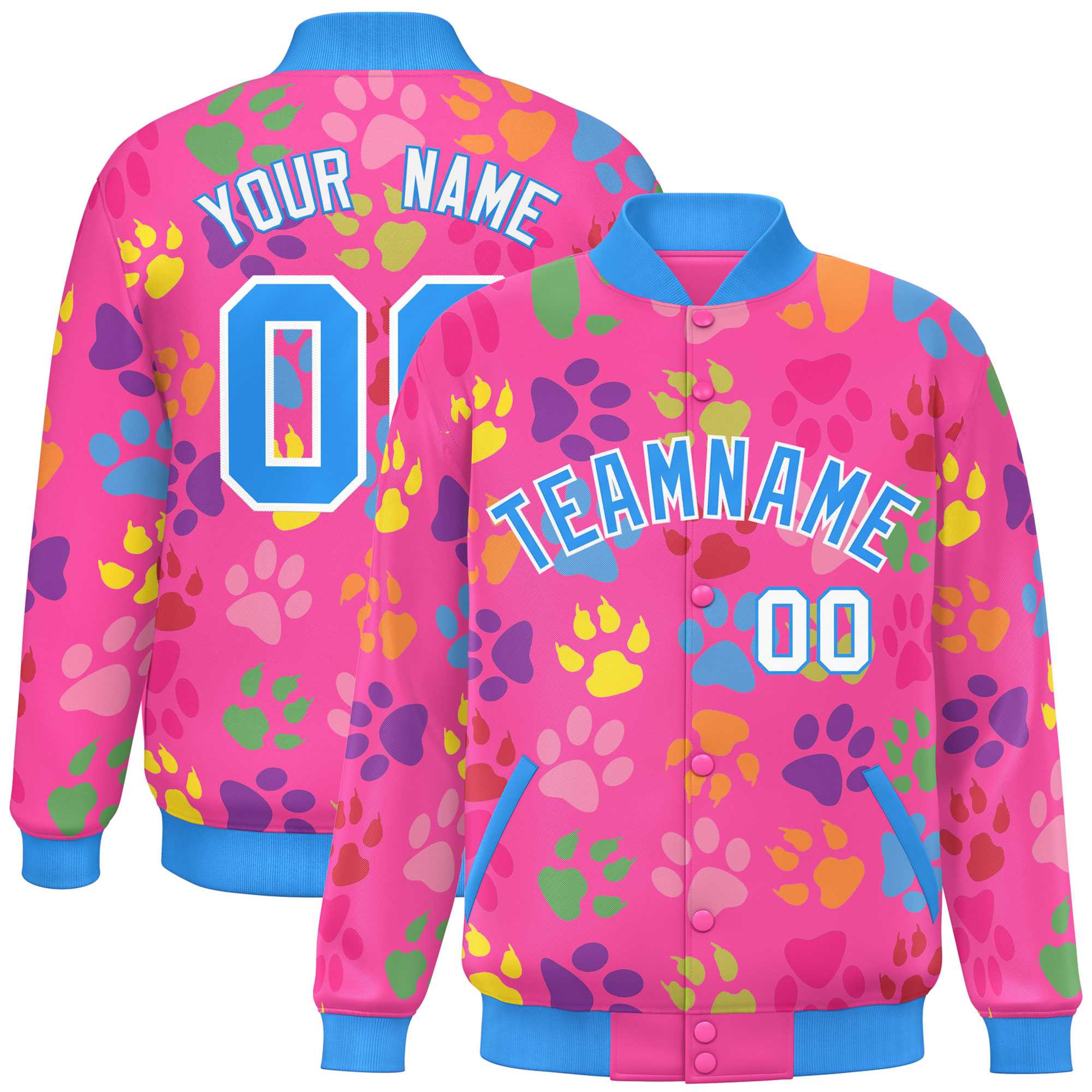 Custom Pink Powder Blue-White Varsity Pets Paw Prints Graffiti Pattern Letterman Baseball Jacket