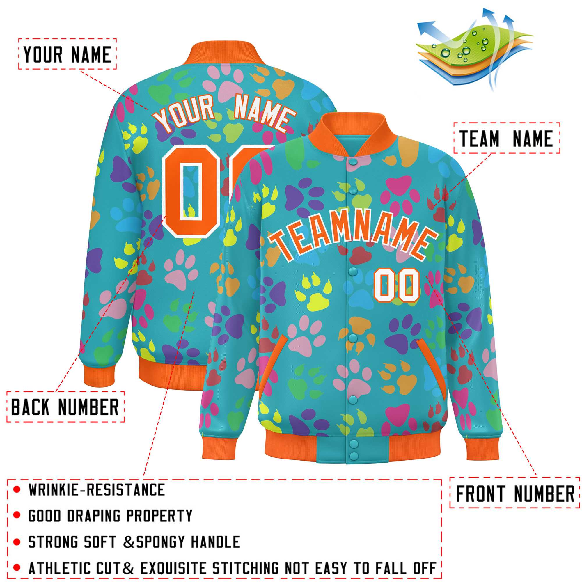 Custom Aqua Orange-White Varsity Pets Paw Prints Graffiti Pattern Letterman Baseball Jacket