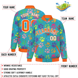 Custom Aqua Orange-White Varsity Pets Paw Prints Graffiti Pattern Letterman Baseball Jacket