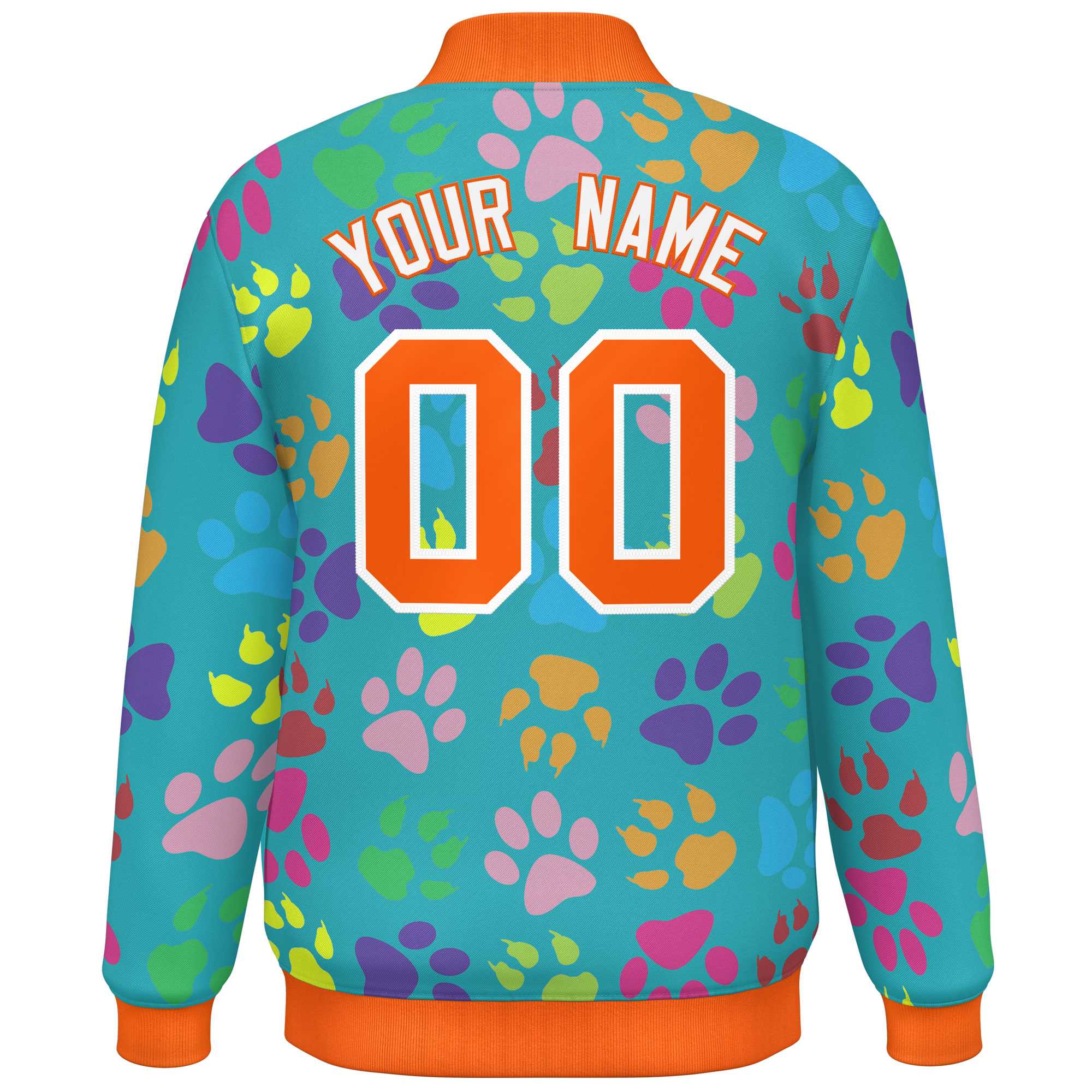 Custom Aqua Orange-White Varsity Pets Paw Prints Graffiti Pattern Letterman Baseball Jacket