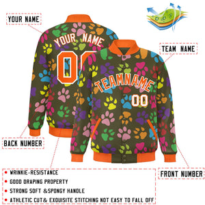 Custom Olive Orange-White Varsity Pets Paw Prints Graffiti Pattern Letterman Baseball Jacket