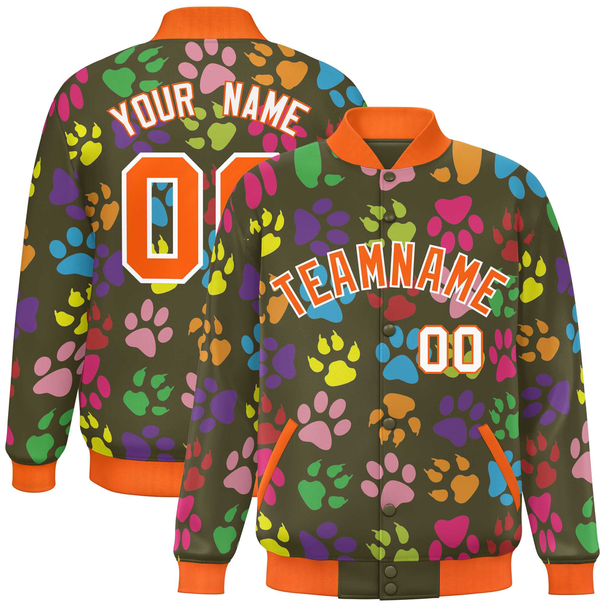 Custom Olive Orange-White Varsity Pets Paw Prints Graffiti Pattern Letterman Baseball Jacket