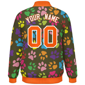 Custom Olive Orange-White Varsity Pets Paw Prints Graffiti Pattern Letterman Baseball Jacket