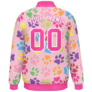 Custom Pink White Varsity Pets Paw Prints Graffiti Pattern Letterman Baseball Jacket