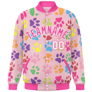 Custom Pink White Varsity Pets Paw Prints Graffiti Pattern Letterman Baseball Jacket