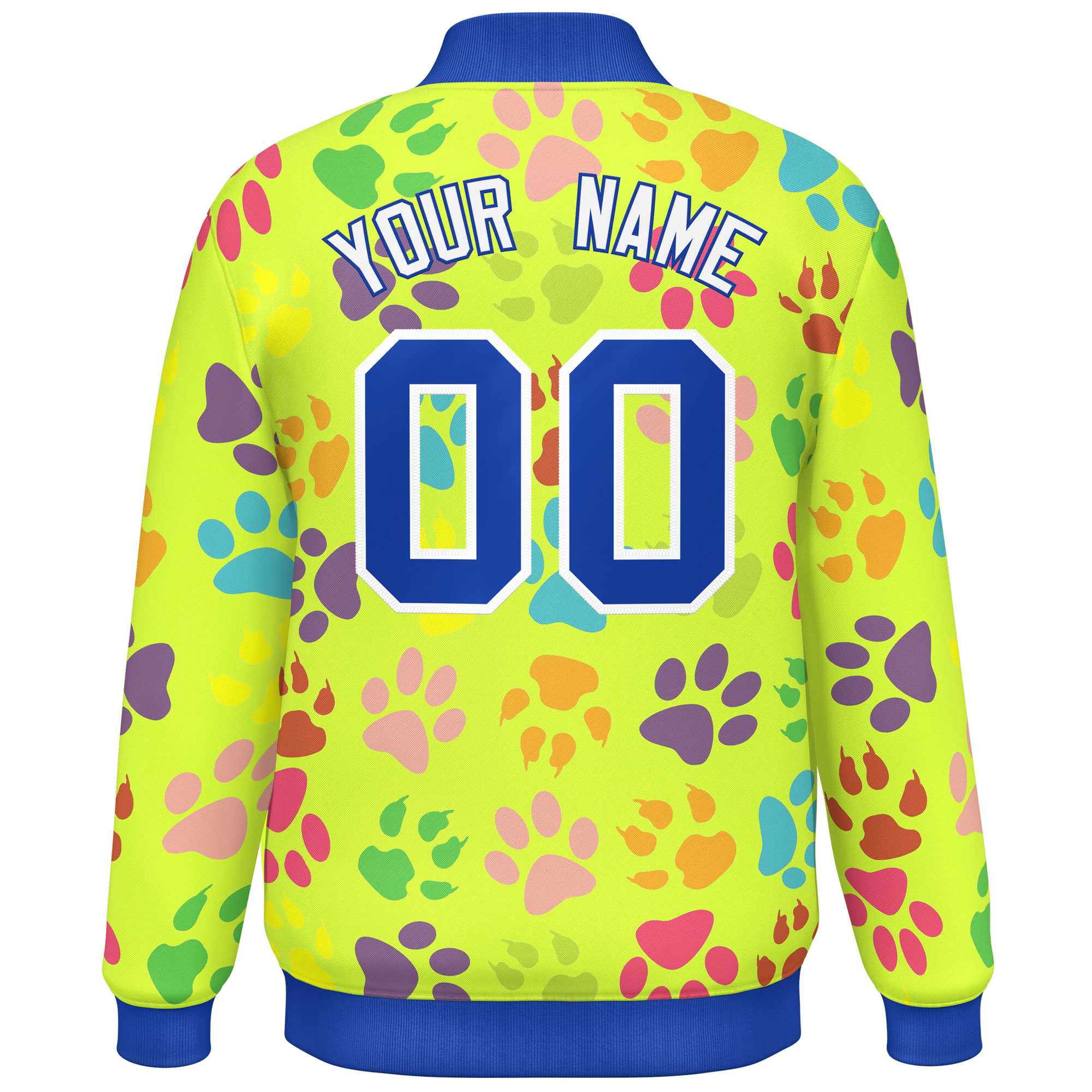 Custom Neon Green Royal-White Varsity Pets Paw Prints Graffiti Pattern Letterman Baseball Jacket