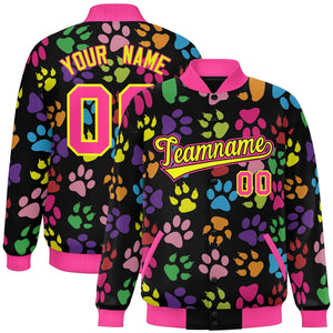 Custom Black Yellow-Pink Varsity Pets Paw Prints Graffiti Pattern Letterman Baseball Jacket