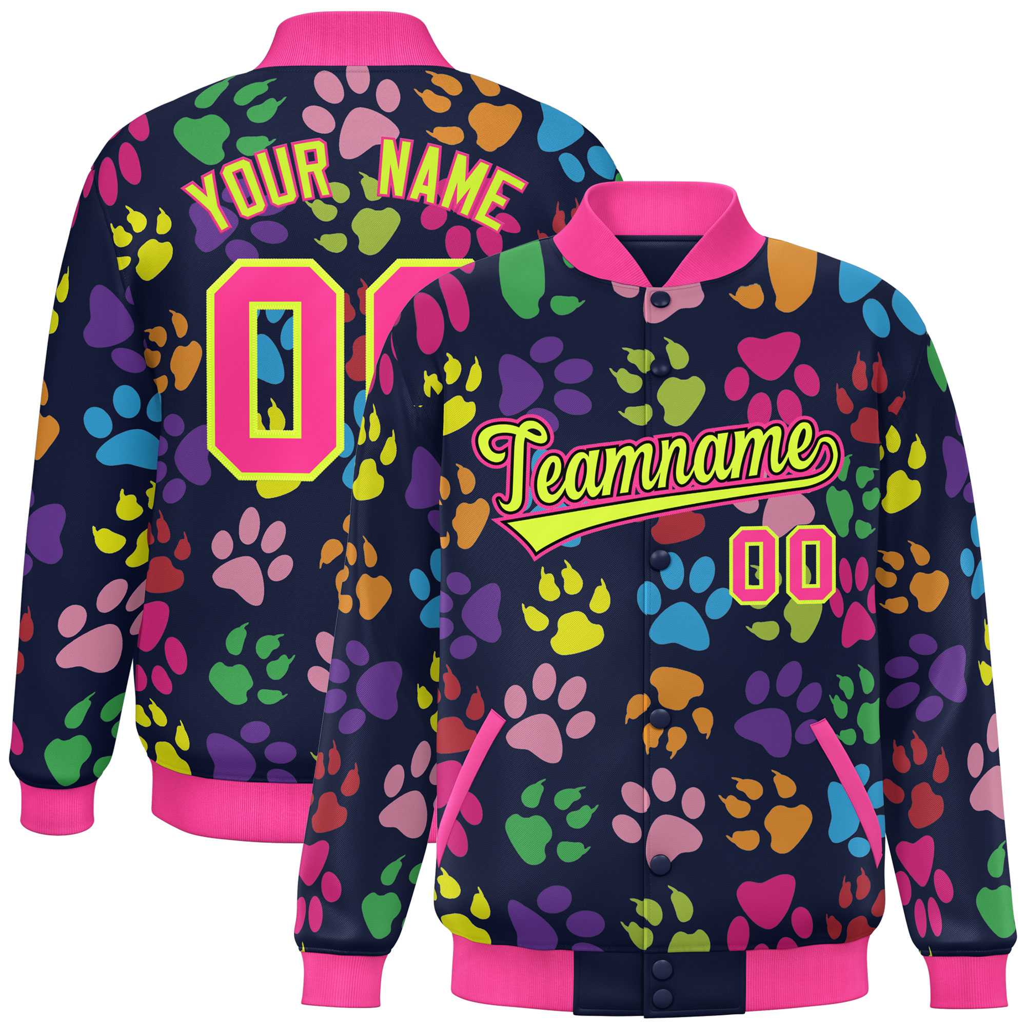 Custom Navy Neon Green-Pink Varsity Pets Paw Prints Graffiti Pattern Letterman Baseball Jacket