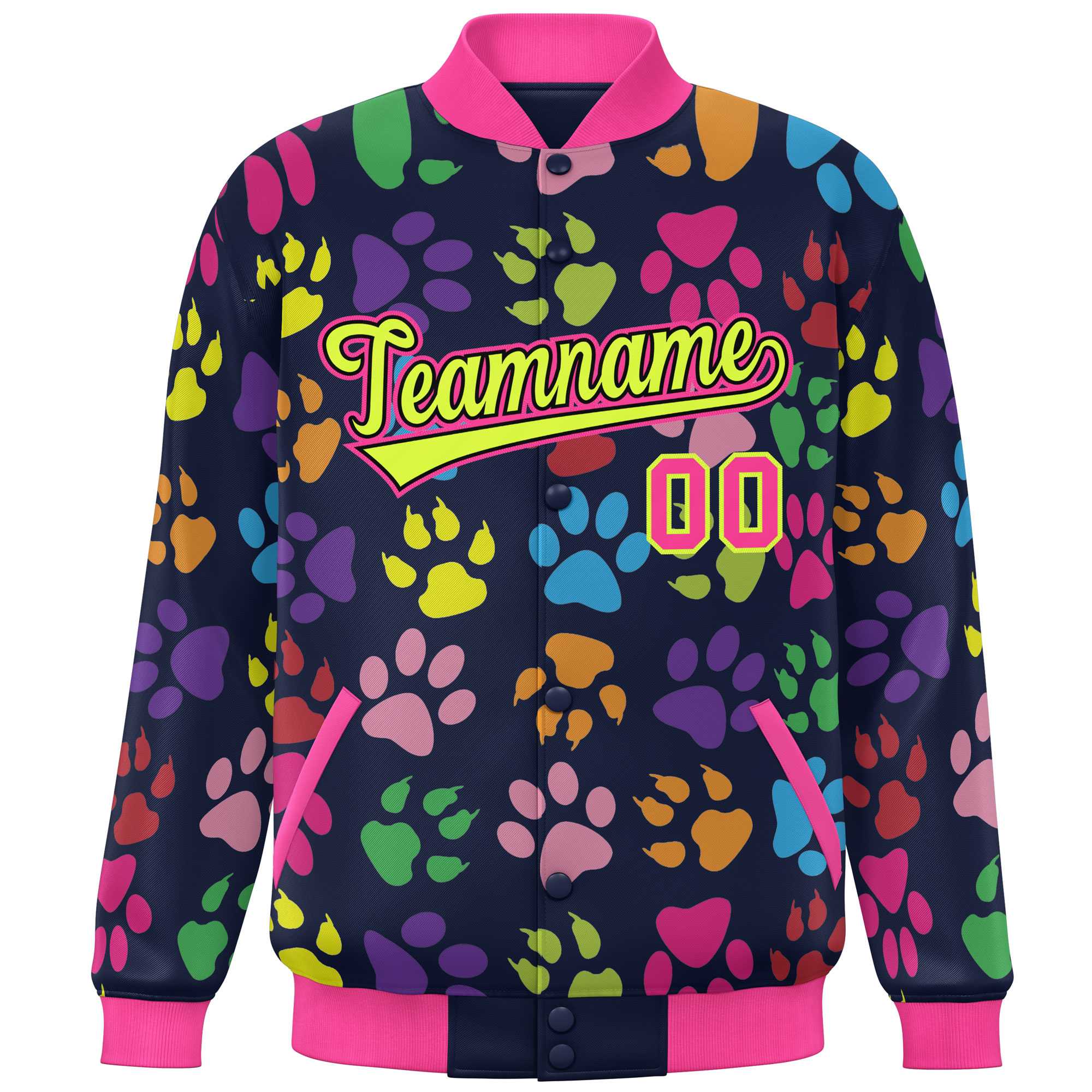 Custom Navy Neon Green-Pink Varsity Pets Paw Prints Graffiti Pattern Letterman Baseball Jacket