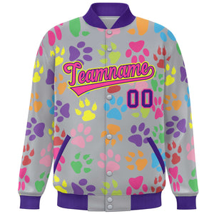 Custom Gray Pink-Purple Varsity Pets Paw Prints Graffiti Pattern Letterman Baseball Jacket