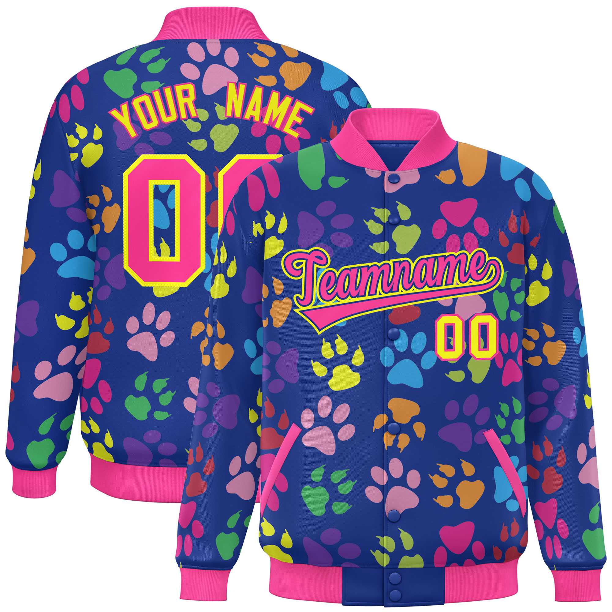 Custom Royal Pink-Yellow Varsity Pets Paw Prints Graffiti Pattern Letterman Baseball Jacket