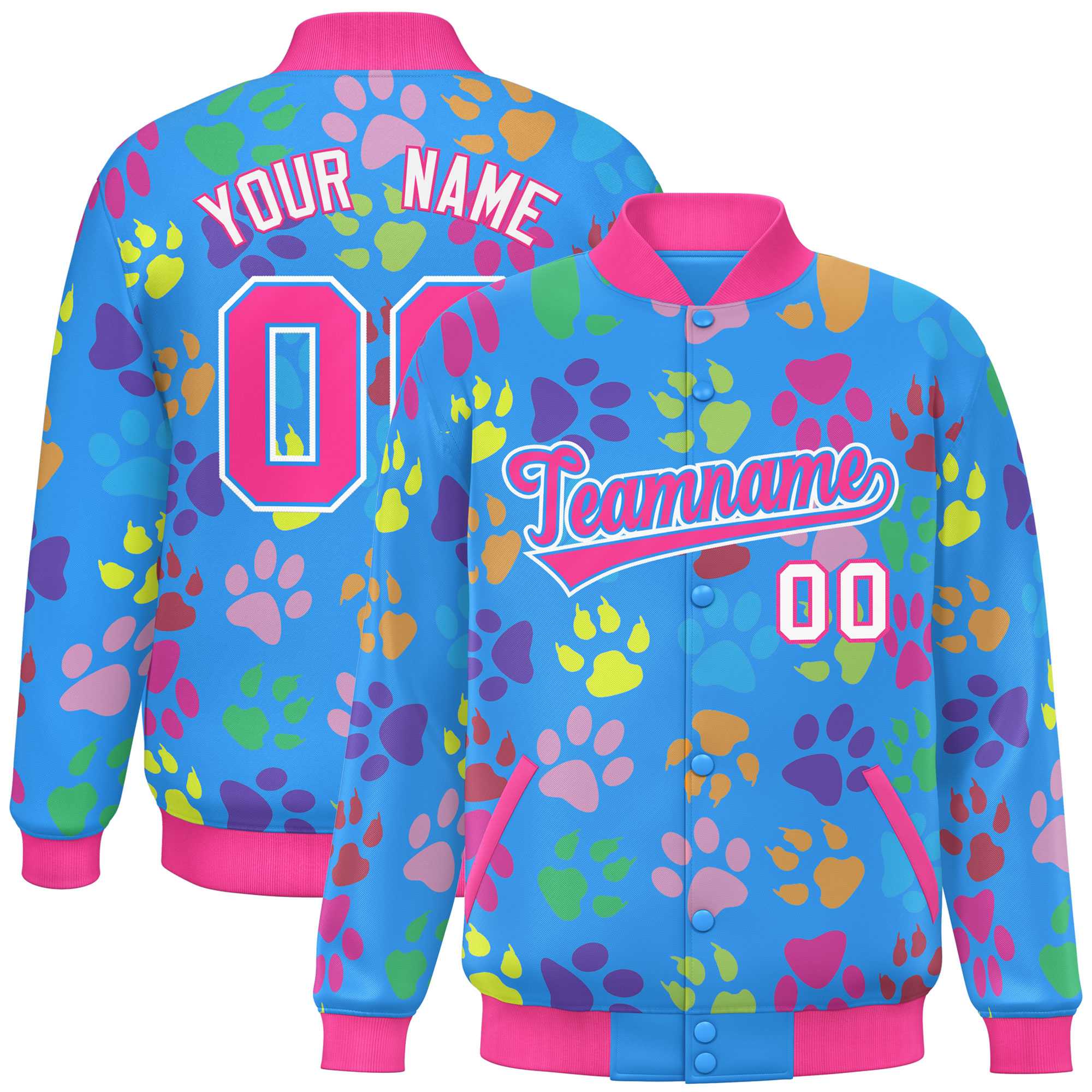 Custom Powder Blue Pink-White Varsity Pets Paw Prints Graffiti Pattern Letterman Baseball Jacket