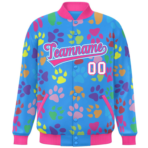 Custom Powder Blue Pink-White Varsity Pets Paw Prints Graffiti Pattern Letterman Baseball Jacket
