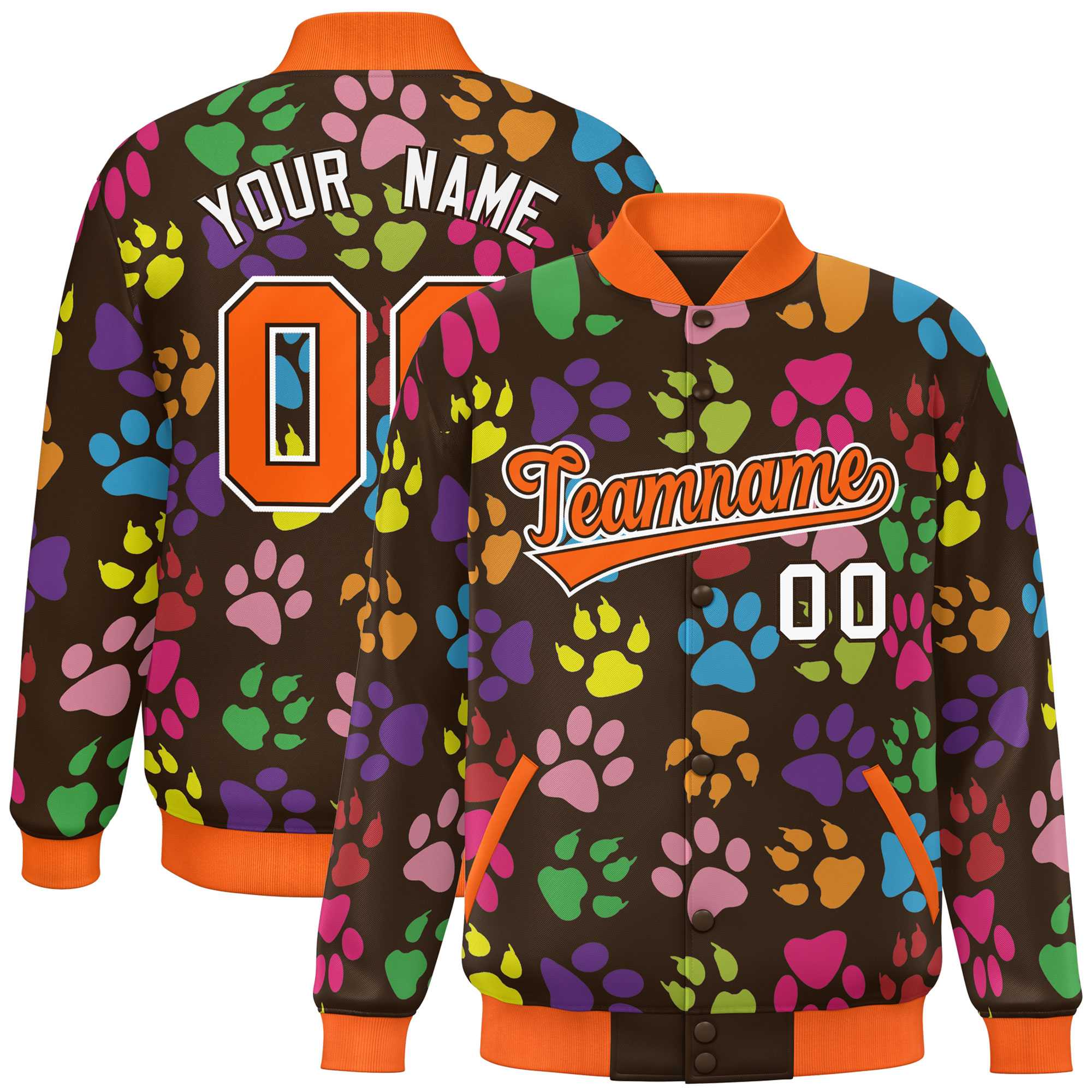 Custom Brown Orange-White Varsity Pets Paw Prints Graffiti Pattern Letterman Baseball Jacket