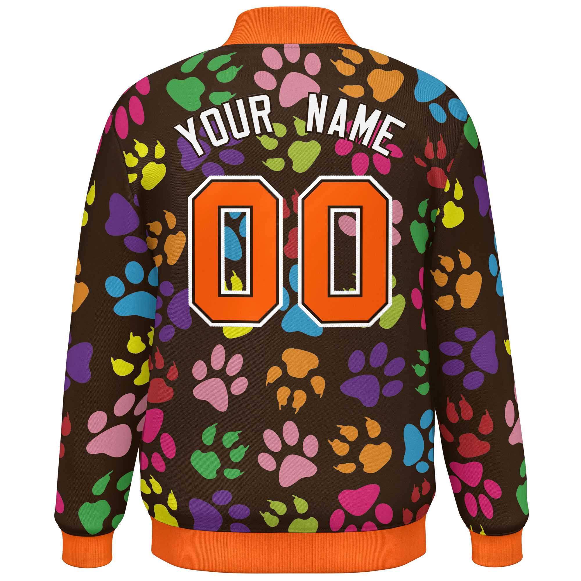 Custom Brown Orange-White Varsity Pets Paw Prints Graffiti Pattern Letterman Baseball Jacket