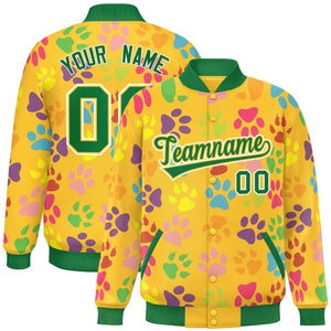 Custom Gold Kelly Green-White Varsity Pets Paw Prints Graffiti Pattern Letterman Baseball Jacket