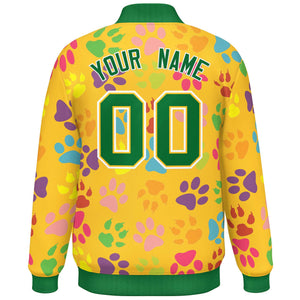 Custom Gold Kelly Green-White Varsity Pets Paw Prints Graffiti Pattern Letterman Baseball Jacket