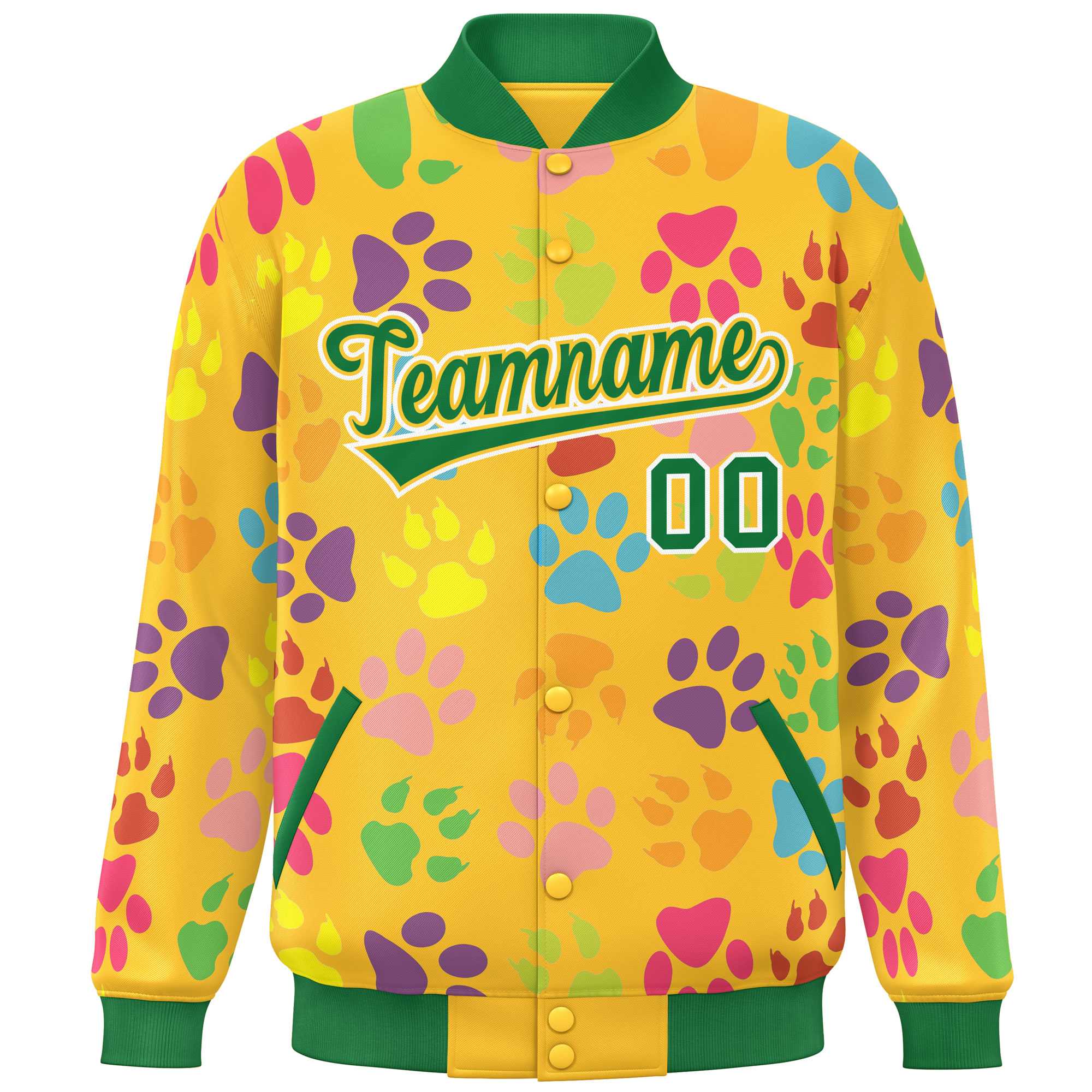 Custom Gold Kelly Green-White Varsity Pets Paw Prints Graffiti Pattern Letterman Baseball Jacket