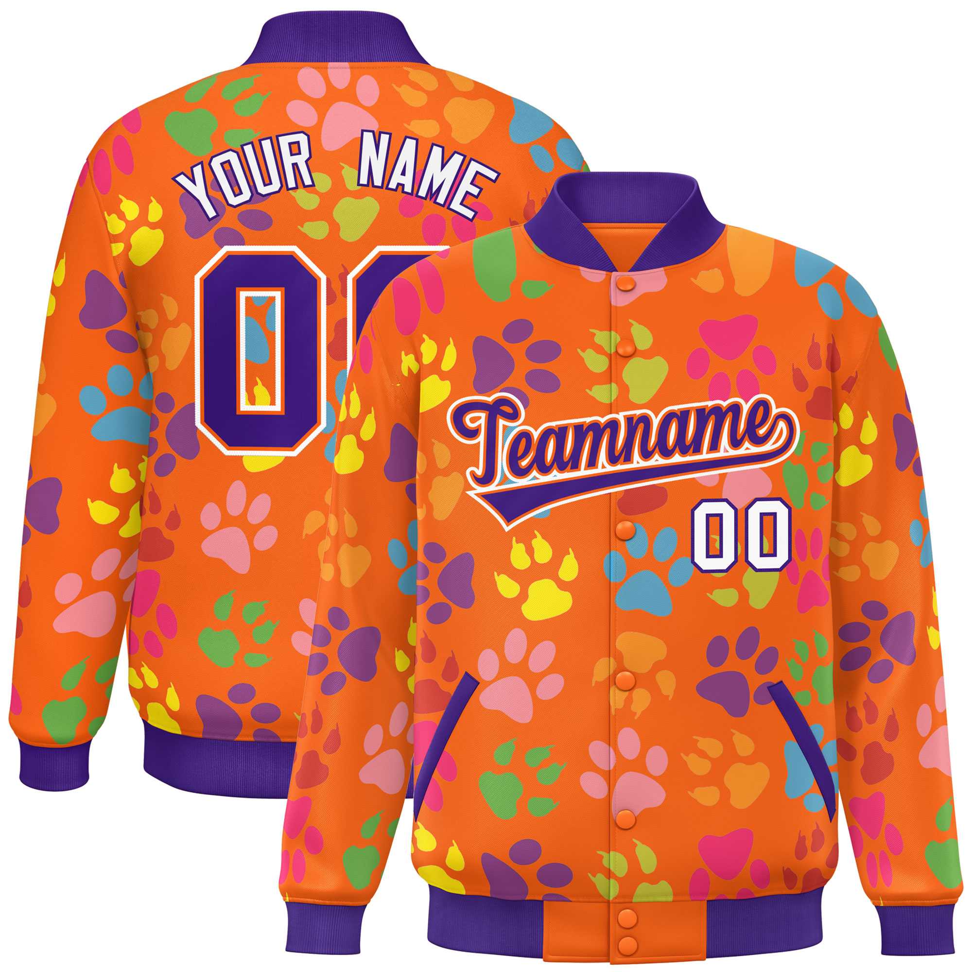 Custom Orange Purple-White Varsity Pets Paw Prints Graffiti Pattern Letterman Baseball Jacket