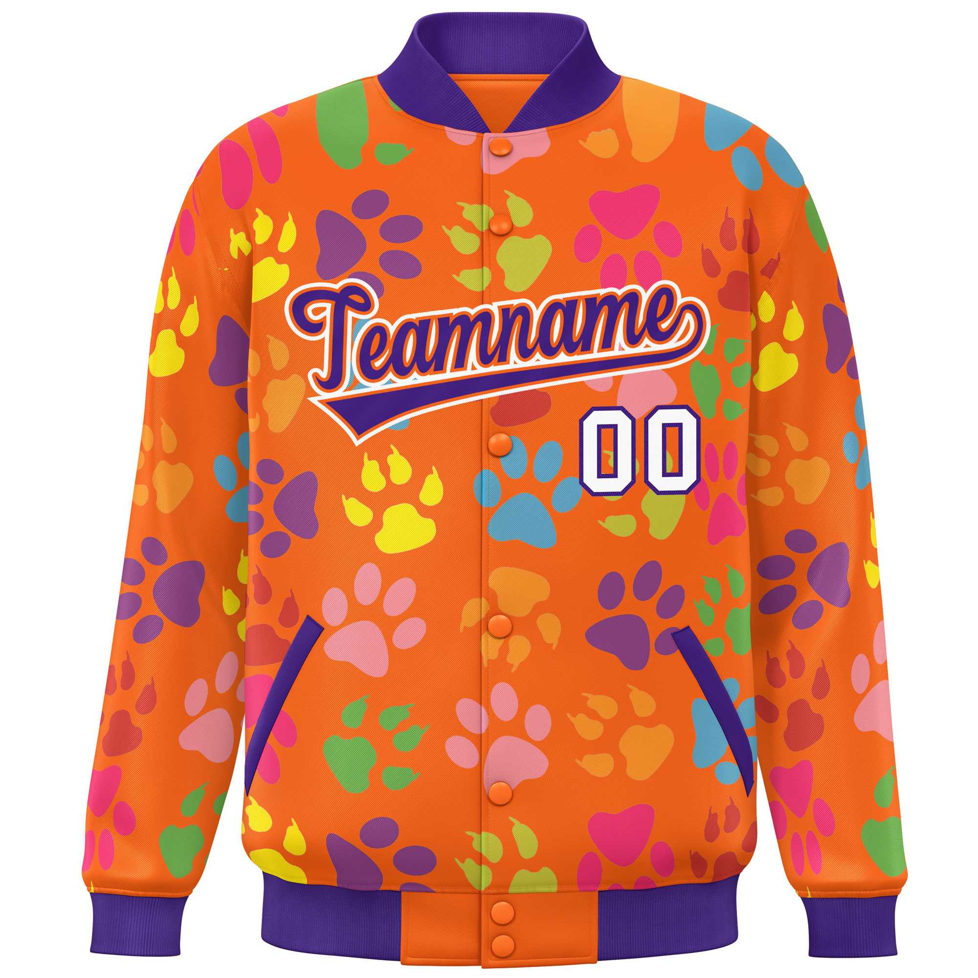 Custom Orange Purple-White Varsity Pets Paw Prints Graffiti Pattern Letterman Baseball Jacket