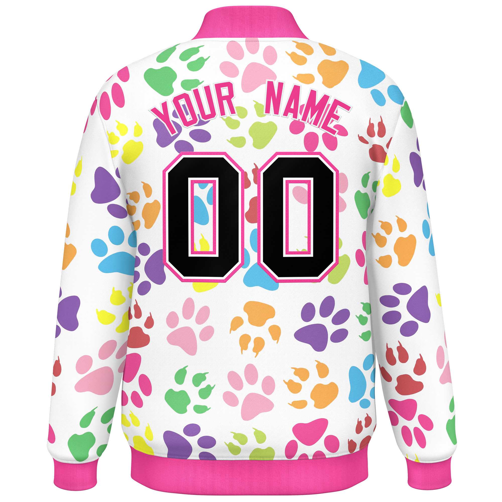 Custom White Black-Pink Varsity Pets Paw Prints Graffiti Pattern Letterman Baseball Jacket