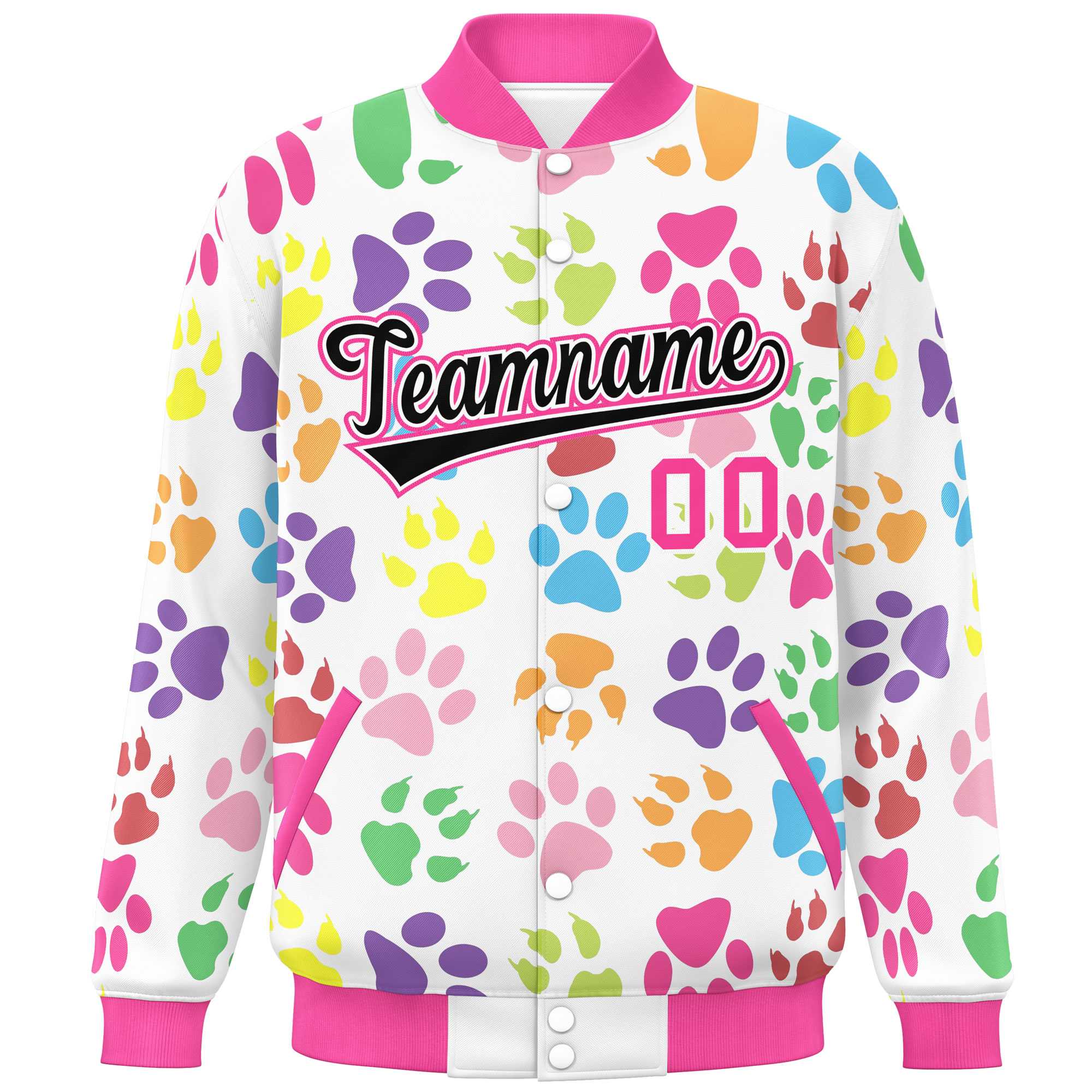 Custom White Black-Pink Varsity Pets Paw Prints Graffiti Pattern Letterman Baseball Jacket