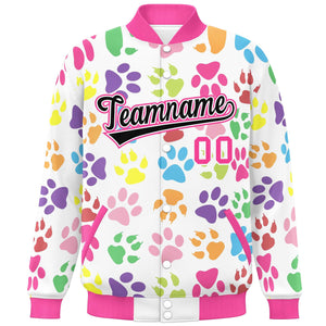 Custom White Black-Pink Varsity Pets Paw Prints Graffiti Pattern Letterman Baseball Jacket