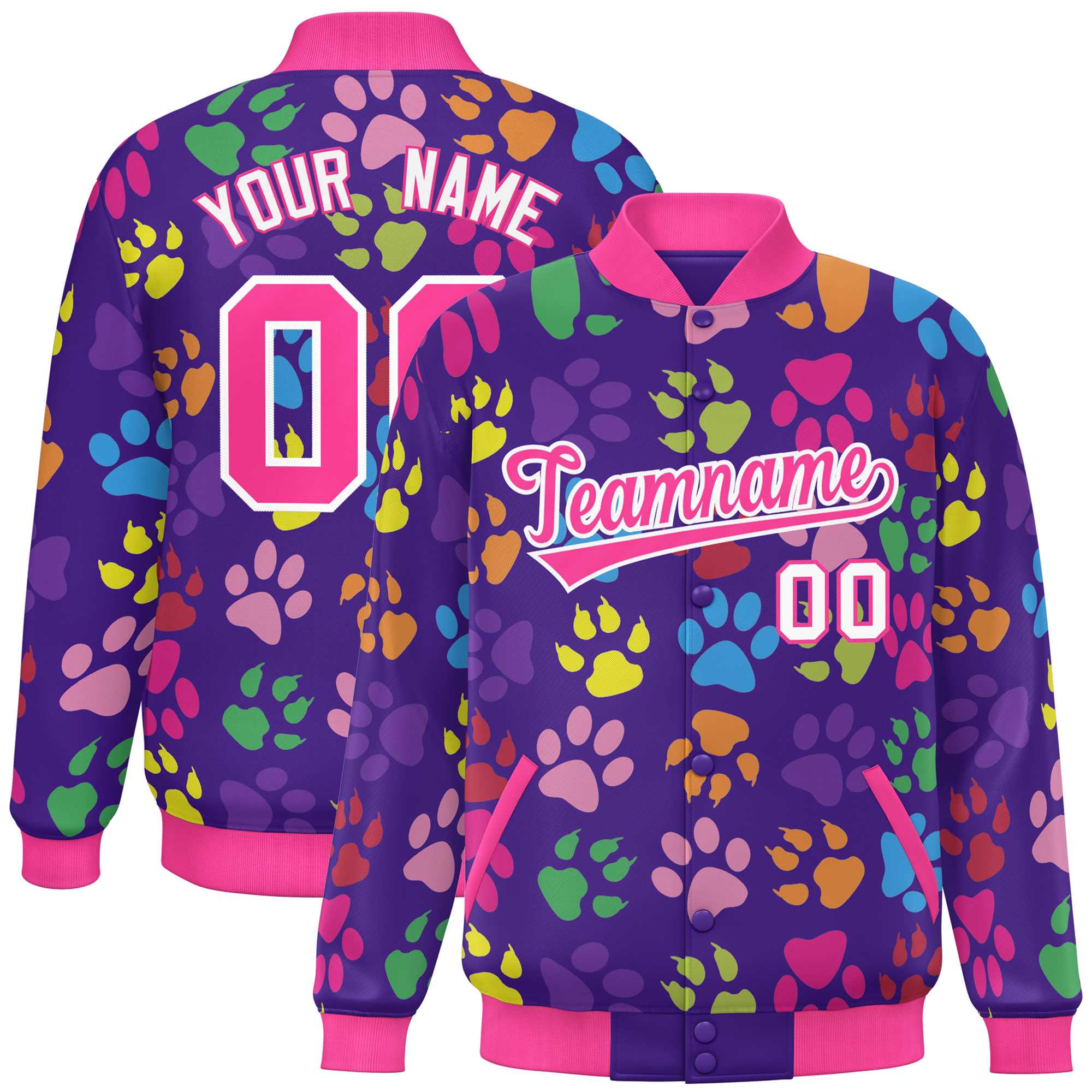 Custom Purple Pink-White Varsity Pets Paw Prints Graffiti Pattern Letterman Baseball Jacket