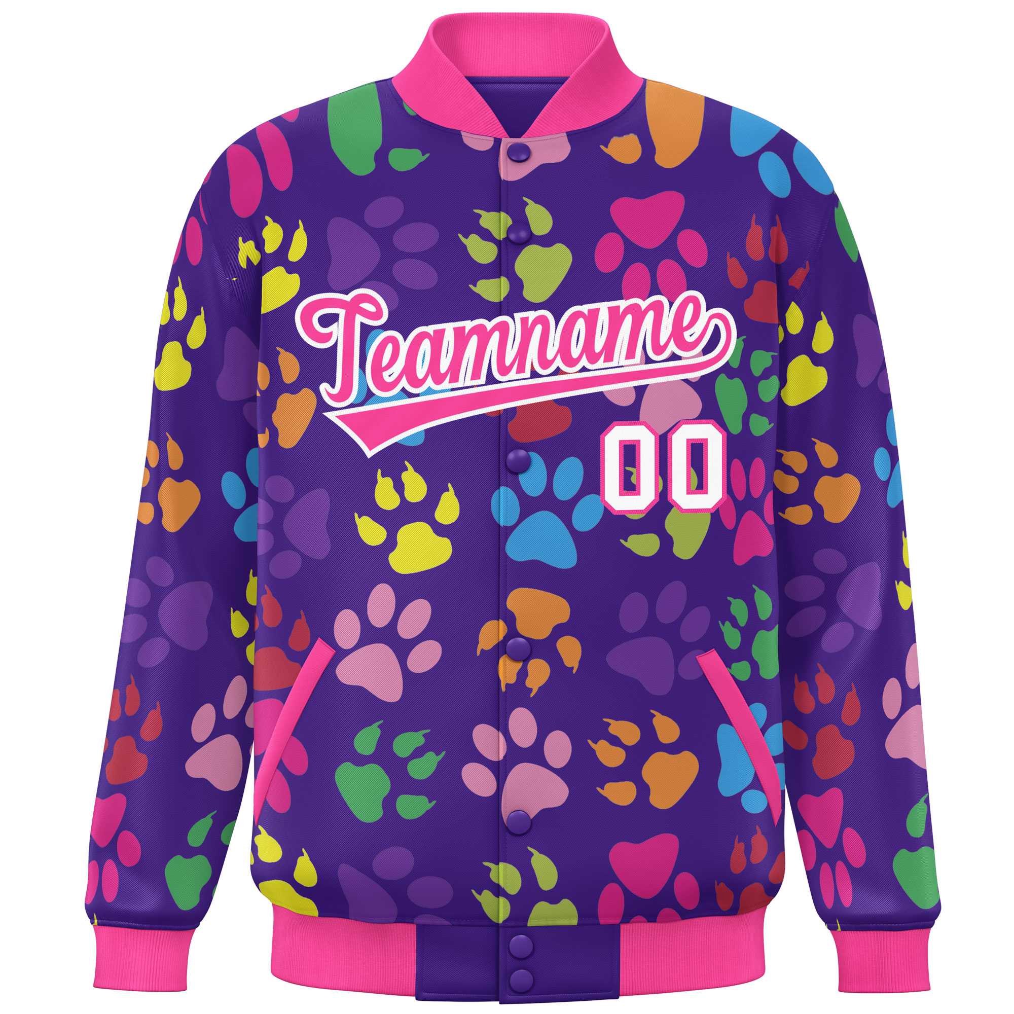 Custom Purple Pink-White Varsity Pets Paw Prints Graffiti Pattern Letterman Baseball Jacket