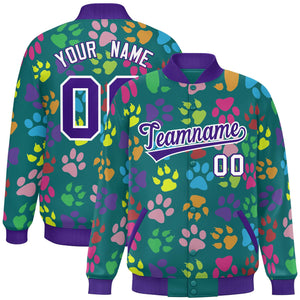 Custom Aqua Purple-White Varsity Pets Paw Prints Graffiti Pattern Letterman Baseball Jacket