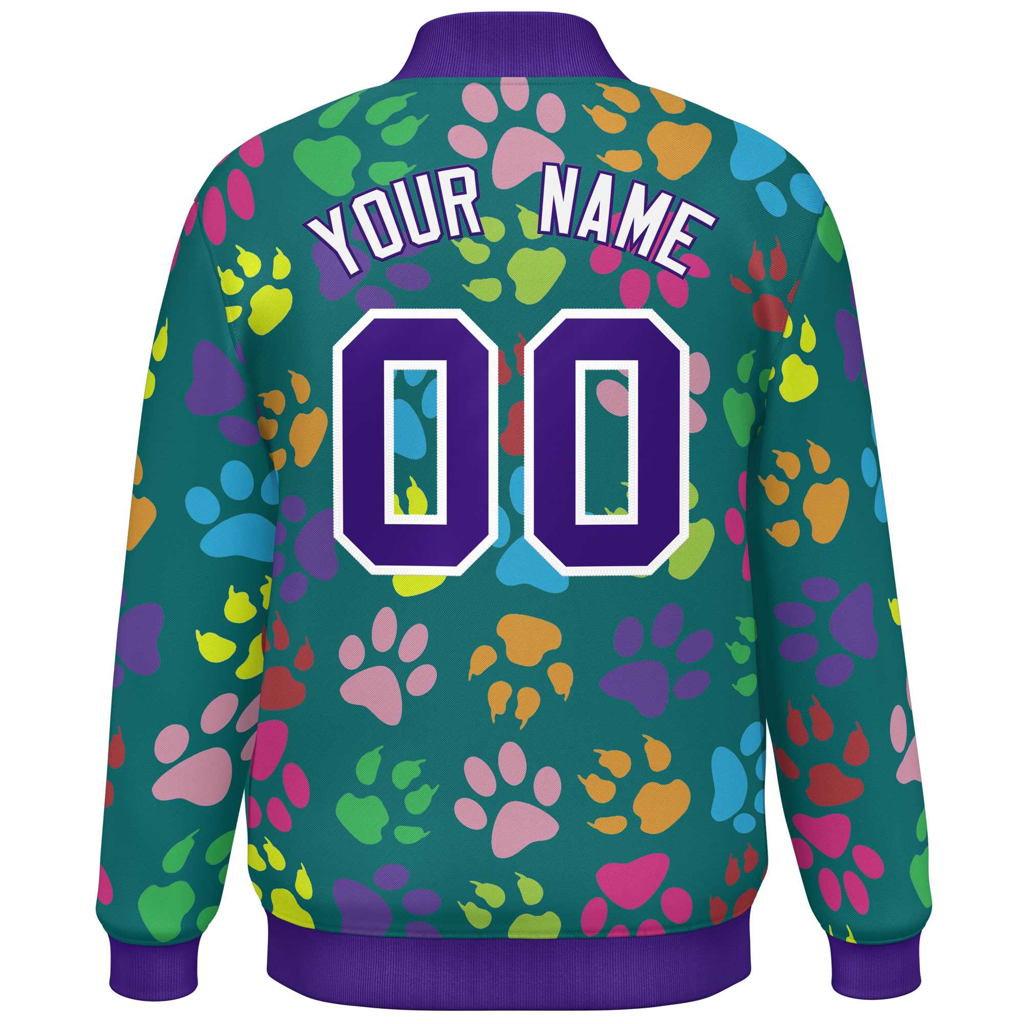 Custom Aqua Purple-White Varsity Pets Paw Prints Graffiti Pattern Letterman Baseball Jacket